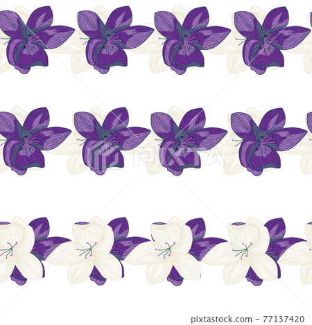 Abstract nature seamless doodle pattern with purple outline flowers shapes. White background. Abstract nature seamless doodle pattern with purple outline flowers shapes. White background. 77137420