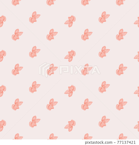 Ditsy seamlesss pattern with orange little orchid flowers print. Light blue background. Ditsy seamlesss pattern with orange little orchid flowers print. Light blue background. 77137421