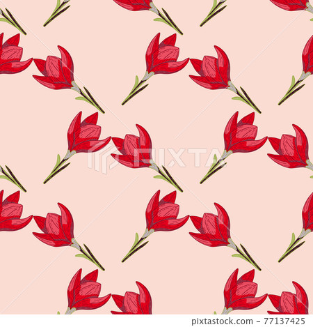 Geometric seamless pattern with red crocus flowers elements ornament. Light pink background. Simple style. Geometric seamless pattern with red crocus flowers elements ornament. Light pink background. Simple style. 77137425