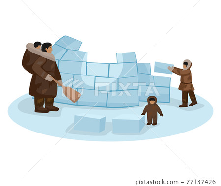 Composition Traditional family Eskimo constructing igloo from ice cubes isolated on white background. Woman and children building house with a shovel. Composition Traditional family Eskimo constructing igloo from ice cubes isolated on white background. Woman and children building house with a shovel. 77137426