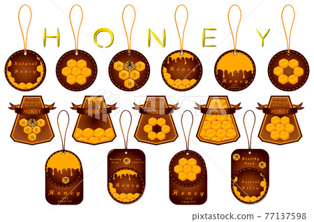 Illustration on theme for big set label of sugary flowing down honey in honeycomb Illustration on theme for big set label of sugary flowing down honey in honeycomb 77137598