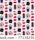Seamless pattern Paris coffee and macaroons. French style. Surface design. Vector sketch illustration stickers on black background 77138256