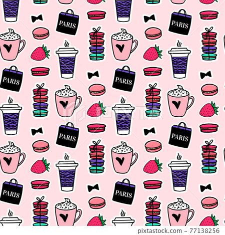 Seamless pattern Paris coffee and macaroons. French style. Surface design. Vector sketch illustration stickers on black background Seamless pattern Paris coffee and macaroons. French style. Surface design. Vector sketch illustration stickers on black background 77138256