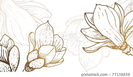 Luxurious wallpaper design with golden magnolia and natural background. Magnolia line art design for wall arts, fabric, prints and background texture, vector illustration. 77138839