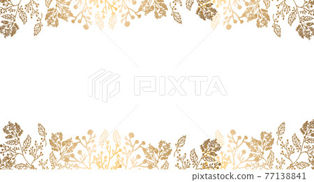 Plants line gold. The frame is shiny horizontal. Place for your text. Intertwining branches and leaves on a light beautiful background. The background color is white. Wind illustration. Plants line gold. The frame is shiny horizontal. Place for your text. Intertwining branches and leaves on a light beautiful background. The background color is white. Wind illustration. 77138841