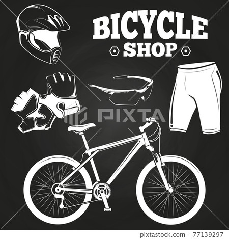 Bicycle shop on blackboard - helmet, bicycle, gloves Bicycle shop on blackboard - helmet, bicycle, gloves 77139297