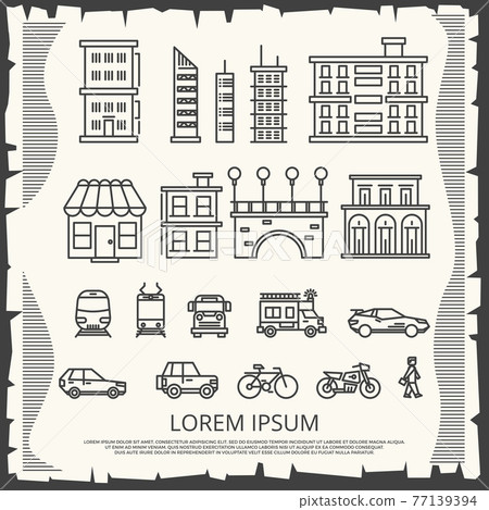 Modern city elements on vintage poster - line art city poster design Modern city elements on vintage poster - line art city poster design 77139394