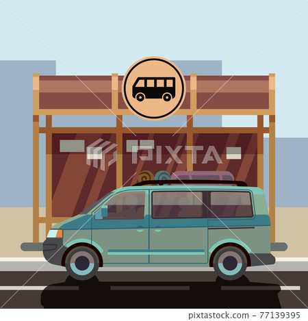 Illustration of flat style minibus on bus stop Illustration of flat style minibus on bus stop 77139395