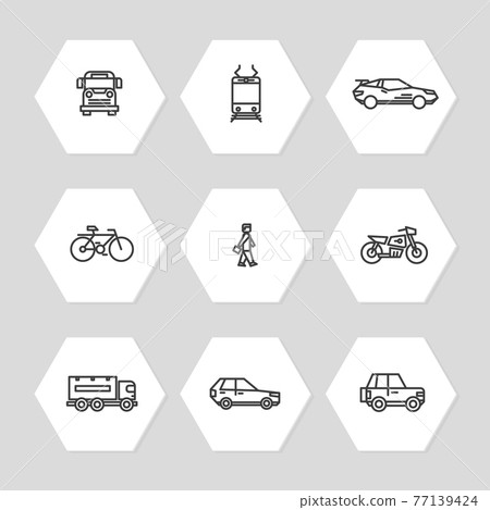 City transportation line icons set - cars, train, bus icons City transportation line icons set - cars, train, bus icons 77139424
