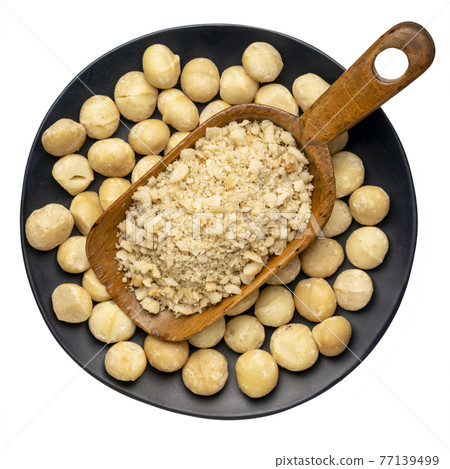 macadamia nut flour in wooden scoop 77139499