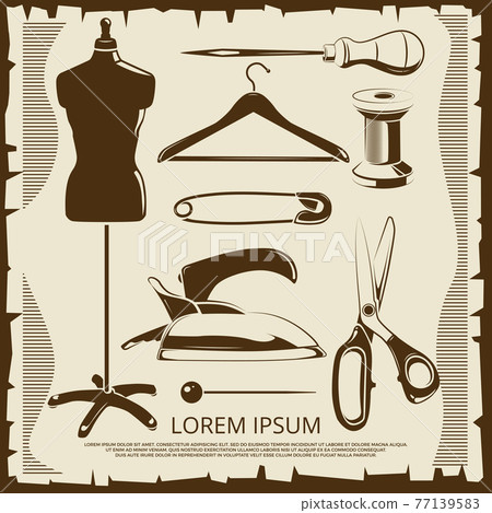 Vintage elements for tailor labels - scissors, dummy, thread, pins Vintage elements for tailor labels - scissors, dummy, thread, pins 77139583