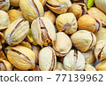 Raw salted pistachios nuts, top down view. Macro shot, perfect for vegan diet and healthy eating. 77139962