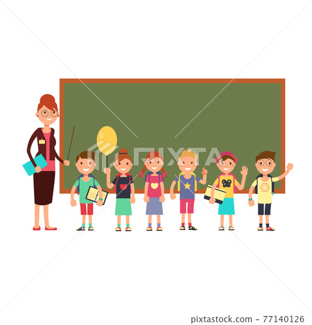 Happy teacher with kids in school. Teaching… - Stock Illustration