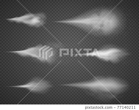 Airy water spray mist set. Sprayer fog isolated on black background Airy water spray mist set. Sprayer fog isolated on black background 77140211