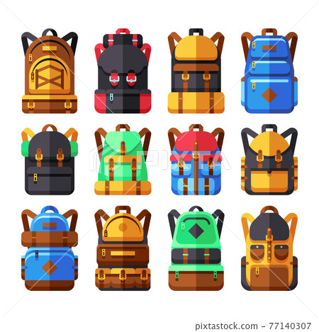 Tourist backpack flat icons. Hiker knapsack isolated on white 77140307
