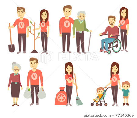 Volunteer helping to disabled people characters set for volunteering concept Volunteer helping to disabled people characters set for volunteering concept 77140369