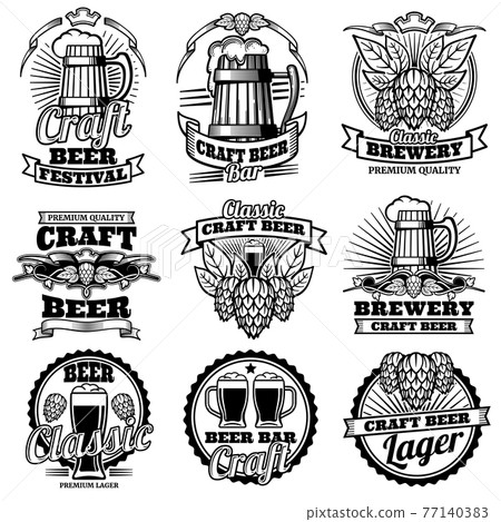 Vintage beer drink bar labels. Retro brewery emblems and logos with hops and mug 77140383