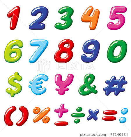 rainbow candy numbers and glossy funny cartoon children alphabet symbols 77140384