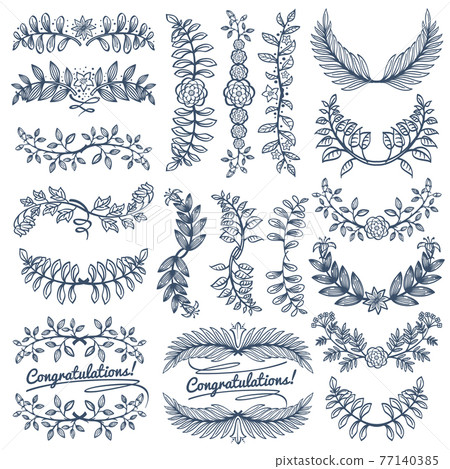 Vintage rustic decoration for wedding celebration design. Sketch empty wreath and border frames set 77140385