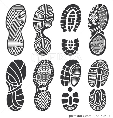 Isolated footprint silhouettes. Dirty shoes and sneakers footprints Isolated footprint silhouettes. Dirty shoes and sneakers footprints 77140397