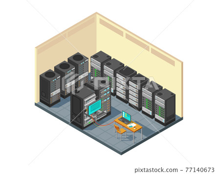 Isometric network server room with row of computer equipments 77140673