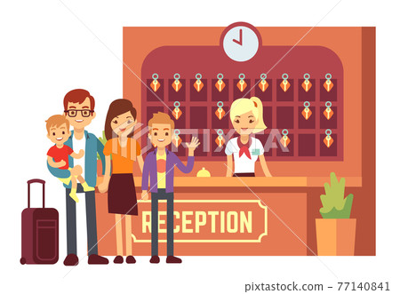 Hotel reservation concept with young happy family at reception. People on holiday background Hotel reservation concept with young happy family at reception. People on holiday background 77140841