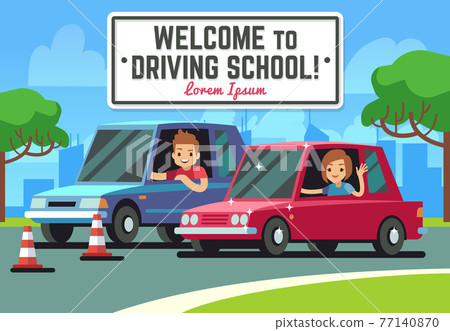 Driving school background with young happy driver in cars on road 77140870