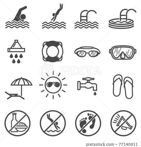 Public pool warning signs. Swimming rules icons Public pool warning signs. Swimming rules icons 77140911