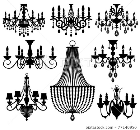 Vintage crystal chandeliers silhouettes isolated on white 77140950