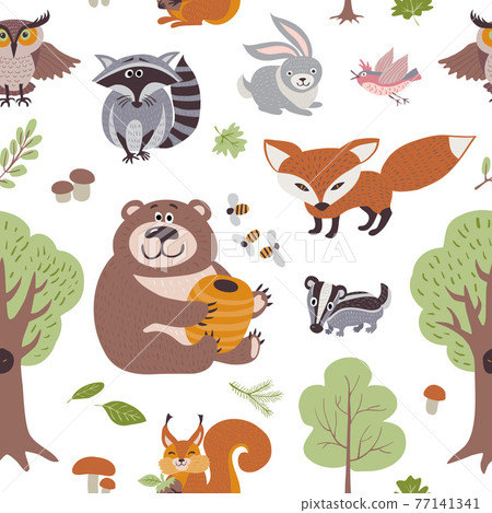 Forest summer plants and woodland animals seamless pattern Forest summer plants and woodland animals seamless pattern 77141341