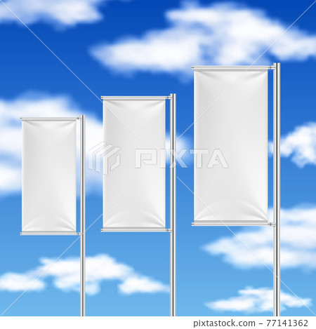 White flags and blue sky. Beach event advertising template White flags and blue sky. Beach event advertising template 77141362