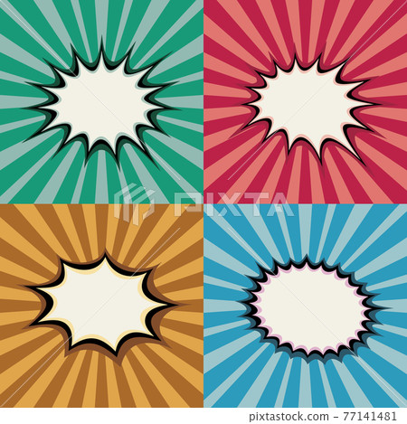 Blank pop art speech bubbles and burst shapes on retro superhero sunset background set 77141481