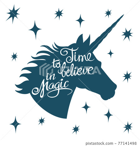 Inspiring unicorn silhouette with positive phrase lettering magic concept Inspiring unicorn silhouette with positive phrase lettering magic concept 77141498