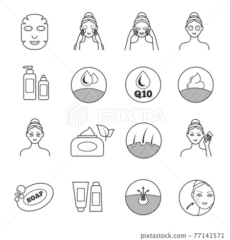 Skin care icons. Prevention of aging and eliminating of wrinkle pictograms Skin care icons. Prevention of aging and eliminating of wrinkle pictograms 77141571