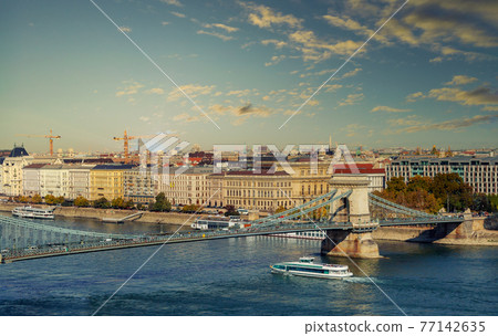 View of the rooftops of the historic Old Town of St. Stephen Budapest Hungary from a height. 77142635