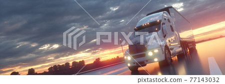 Semi Truck In Motion. Truck closeup on a highway. Trucking business concept. 3d illustration 77143032