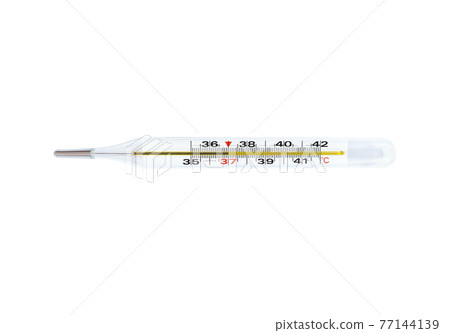 Mercury thermometer with 37 degree on scale isolated on white background. Medical tool. 77144139