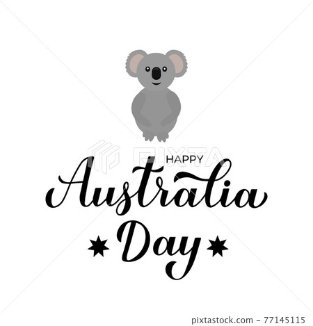 Happy Australia day calligraphy hand lettering. Cute cartoon koala. Vector template for banner, typography poster, greeting card, flyer, t shirt, postcard, etc. 77145115