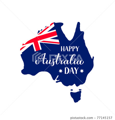 Happy Australia day calligraphy hand lettering with Australian map and flag isolated on white background. Easy to edit vector template for banner, typography poster, greeting card, flyer, sticker. 77145157