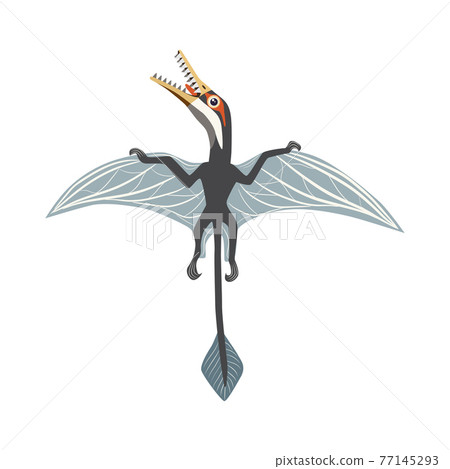 Flying Ramforkhin, prehistoric dinosaurs collection. Ancient animals. Hand drawn. In a frame of flowers and leaves. Flying Ramforkhin, prehistoric dinosaurs collection. Ancient animals. Hand drawn. In a frame of flowers and leaves. 77145293