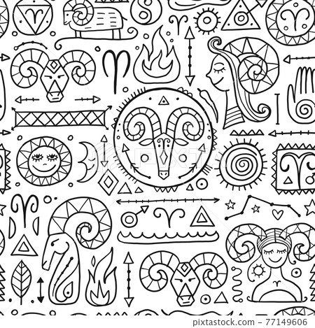 Aries zodiac sign. Element of Fire. Seamless Pattern for your design 77149606