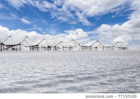 The bamboo square fishing net made of bamboo and a net by fisherman in southern Thailand, Phatthalung 77150100
