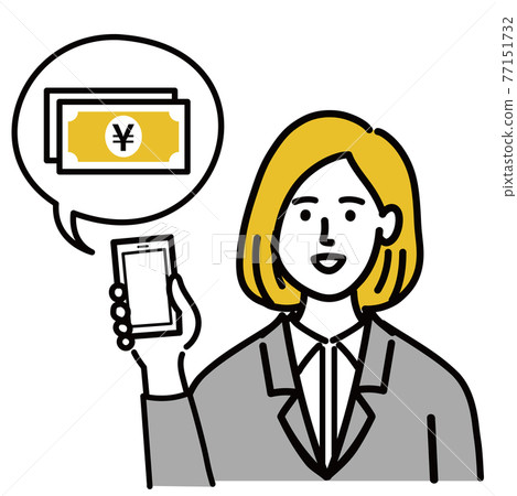 Female blonde young suit vector pop smartphone money cash 77151732