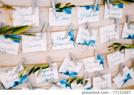 Seating plan. White board with a list of invited guests to the wedding. Close up 77152887