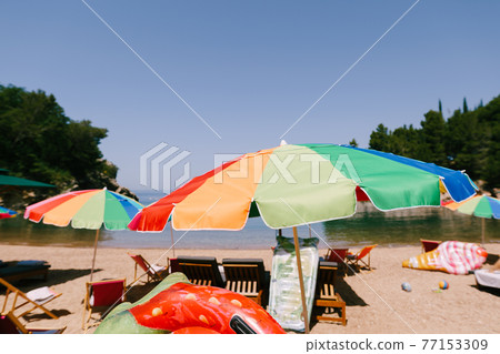 Bright colored umbrellas on the royal beach in Przno against the backdrop of the sea and green trees 77153309