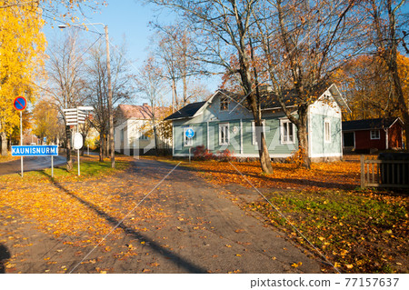 KOUVOLA, FINLAND - OCTOBER 15, 2018: Beautiful autumn in old rustic museum district of Kouvola - Kaunisnurmi KOUVOLA, FINLAND - OCTOBER 15, 2018: Beautiful autumn in old rustic museum district of Kouvola - Kaunisnurmi 77157637