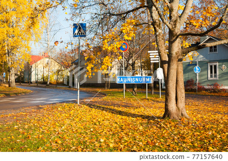 KOUVOLA, FINLAND - OCTOBER 15, 2018: Beautiful autumn in old rustic museum district of Kouvola - Kaunisnurmi KOUVOLA, FINLAND - OCTOBER 15, 2018: Beautiful autumn in old rustic museum district of Kouvola - Kaunisnurmi 77157640