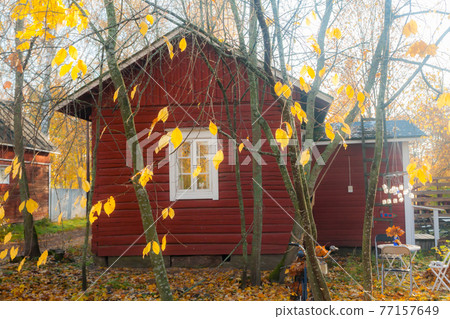 KOUVOLA, FINLAND - OCTOBER 15, 2018: Beautiful autumn in old rustic museum district of Kouvola - Kaunisnurmi KOUVOLA, FINLAND - OCTOBER 15, 2018: Beautiful autumn in old rustic museum district of Kouvola - Kaunisnurmi 77157649