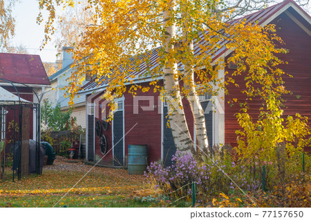 KOUVOLA, FINLAND - OCTOBER 15, 2018: Beautiful autumn in old rustic museum district of Kouvola - Kaunisnurmi KOUVOLA, FINLAND - OCTOBER 15, 2018: Beautiful autumn in old rustic museum district of Kouvola - Kaunisnurmi 77157650