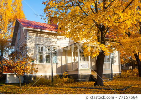 KOUVOLA, FINLAND - OCTOBER 15, 2018: Beautiful autumn in old rustic museum district of Kouvola - Kaunisnurmi, Museum of Radio 77157664